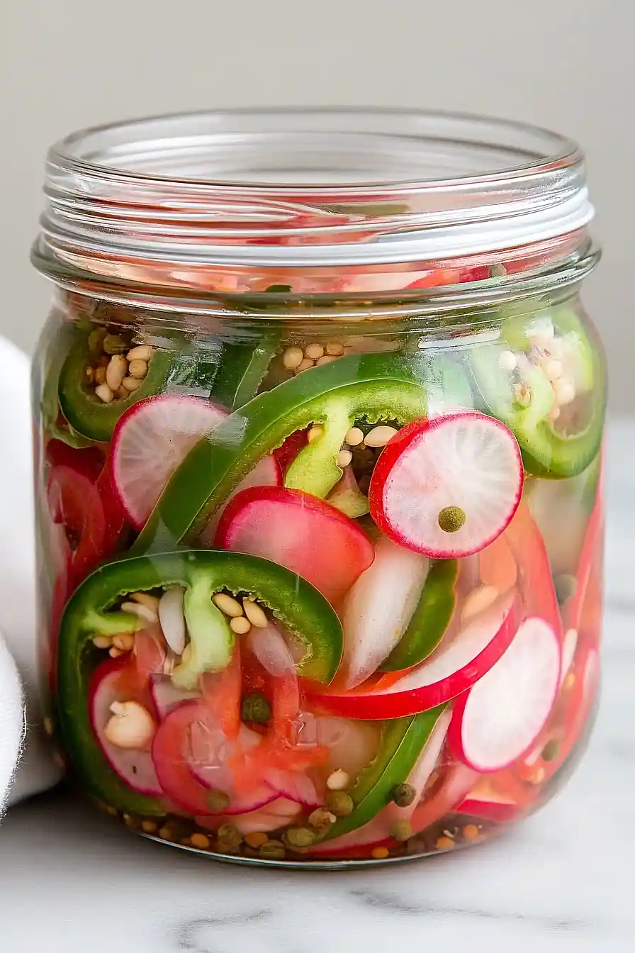 pickled jalapeños and radishes