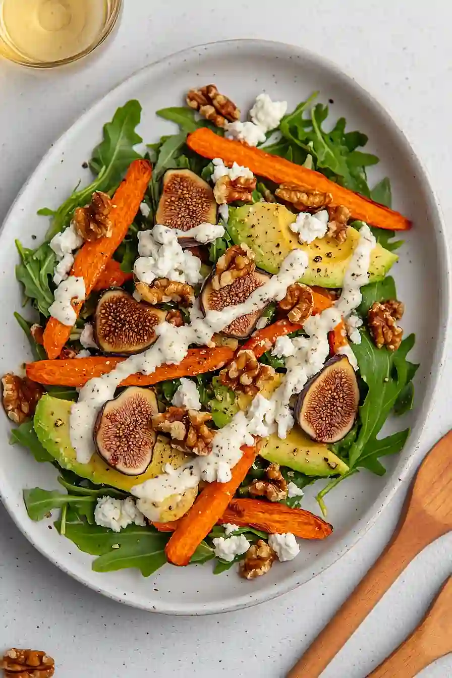 carrot arugula salad with fig, goat cheese & avocado