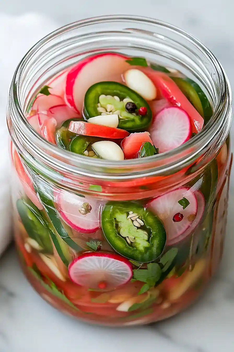 pickled jalapeños and radishes