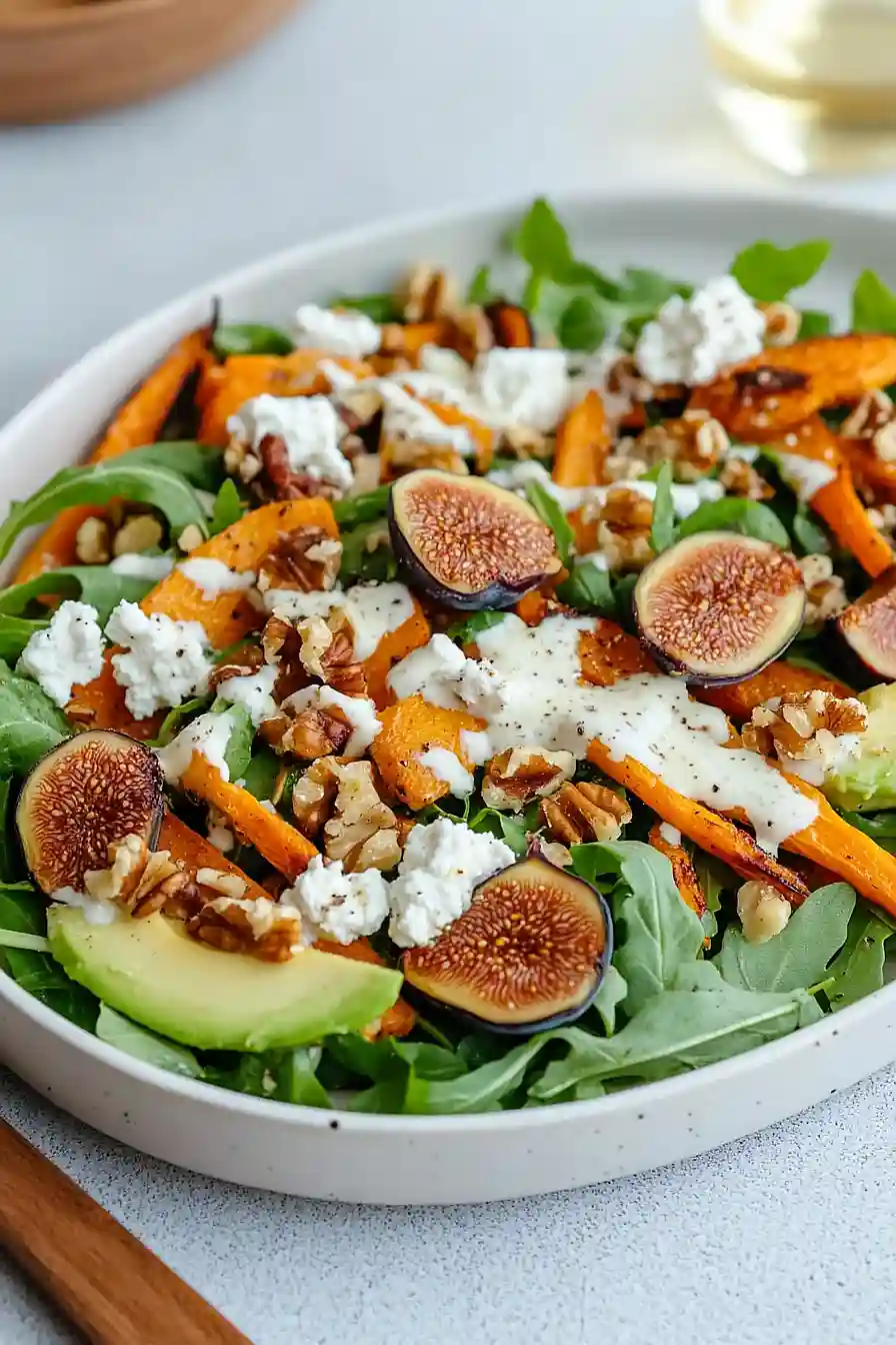 carrot arugula salad with fig, goat cheese & avocado