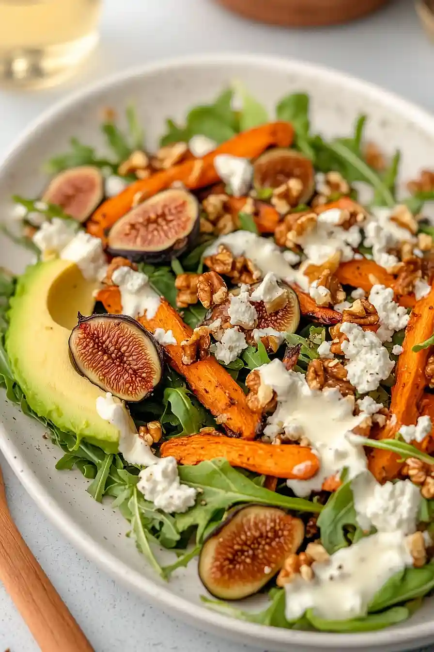 carrot arugula salad with fig, goat cheese & avocado