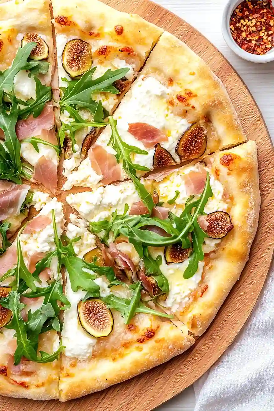 fig, burrata, and prosciutto pizza