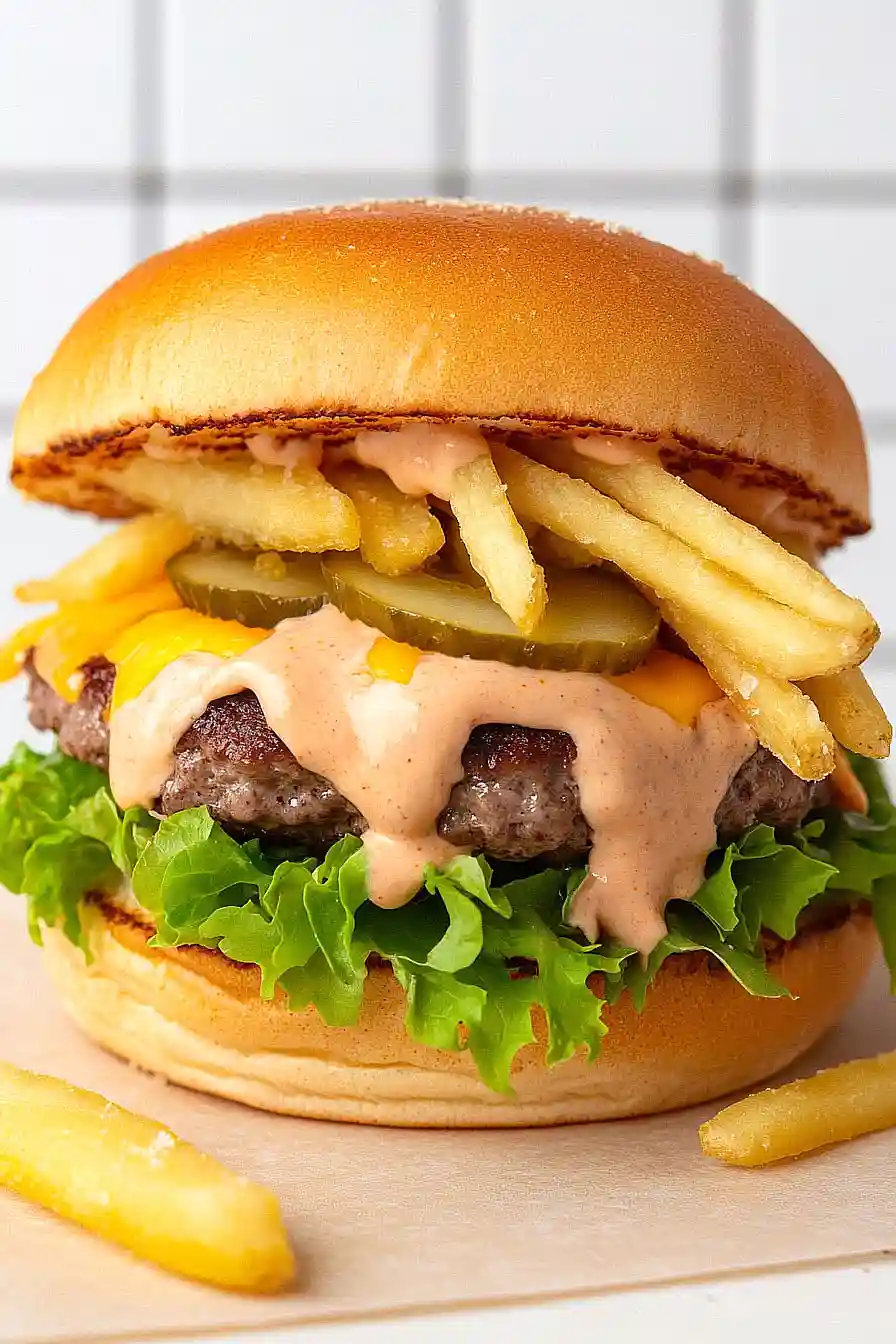 smash burger with fries