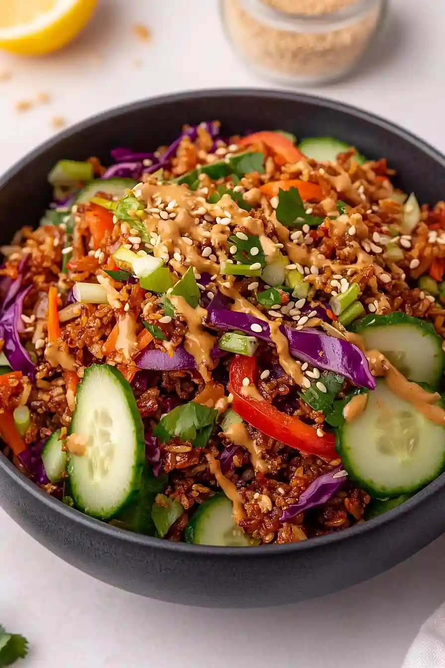 crispy rice salad with peanut sesame dressing