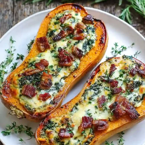 Stuffed Butternut Squash with Spinach, Bacon, and Cheese