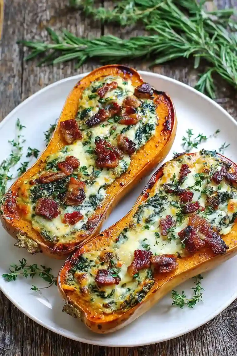 Stuffed Butternut Squash with Spinach, Bacon, and Cheese