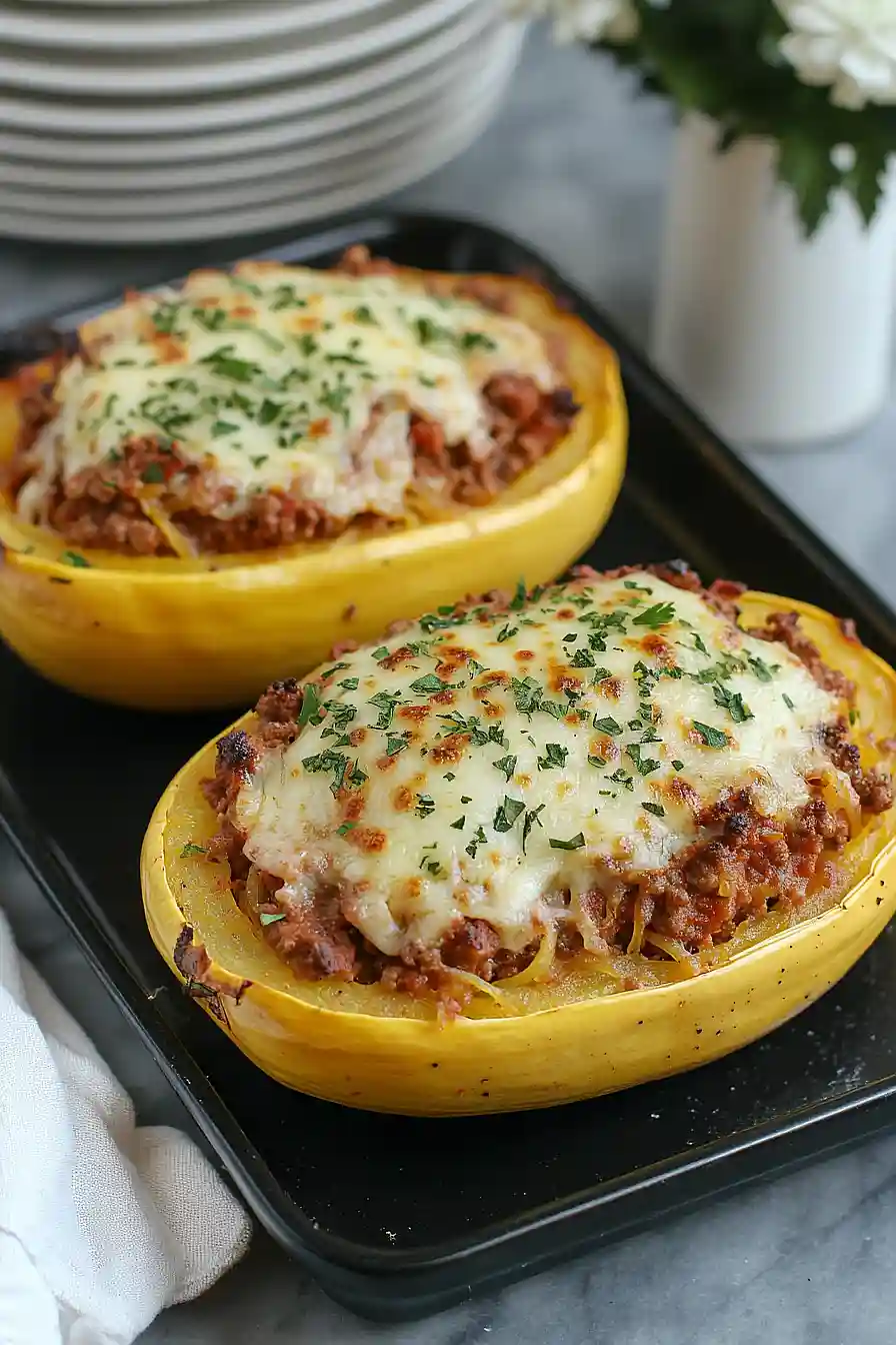 cheesy garlic and herb spaghetti squash with meat sauce