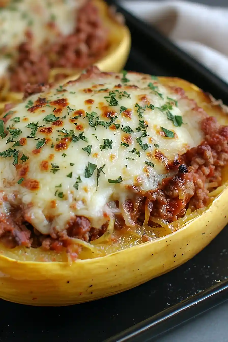 cheesy garlic and herb spaghetti squash with meat sauce