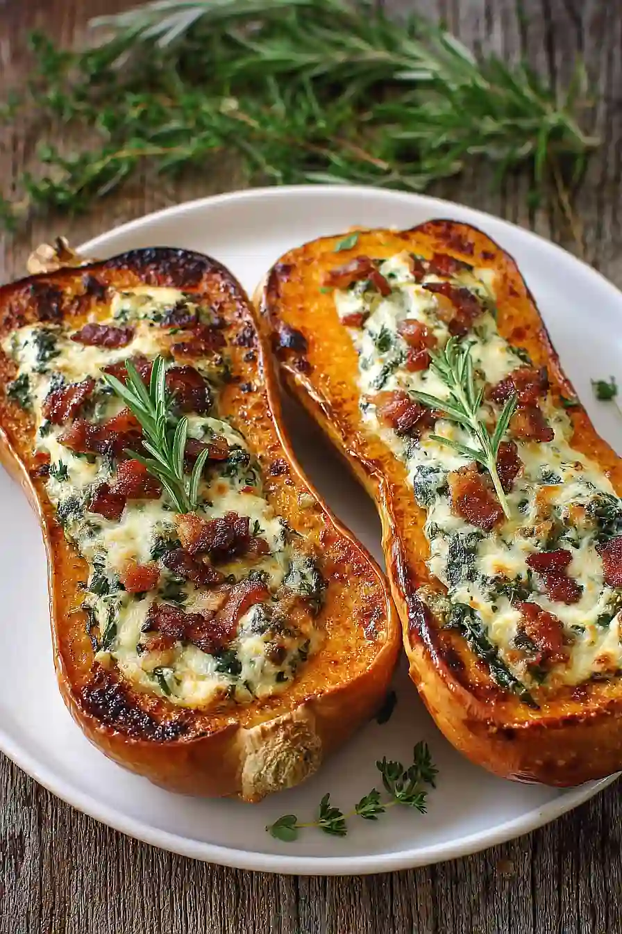 Stuffed Butternut Squash with Spinach, Bacon, and Cheese
