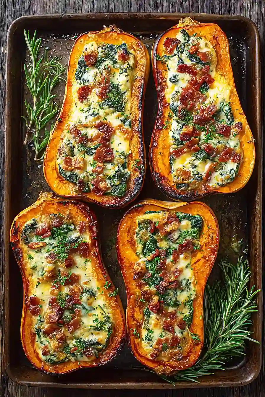 Stuffed Butternut Squash with Spinach, Bacon, and Cheese