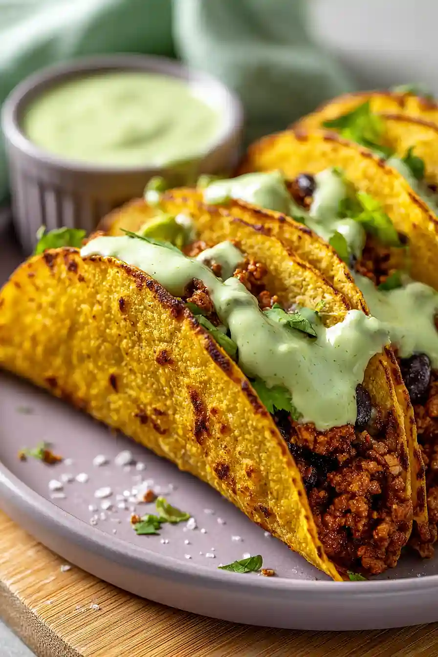 baked ground turkey tacos with avocado sauce