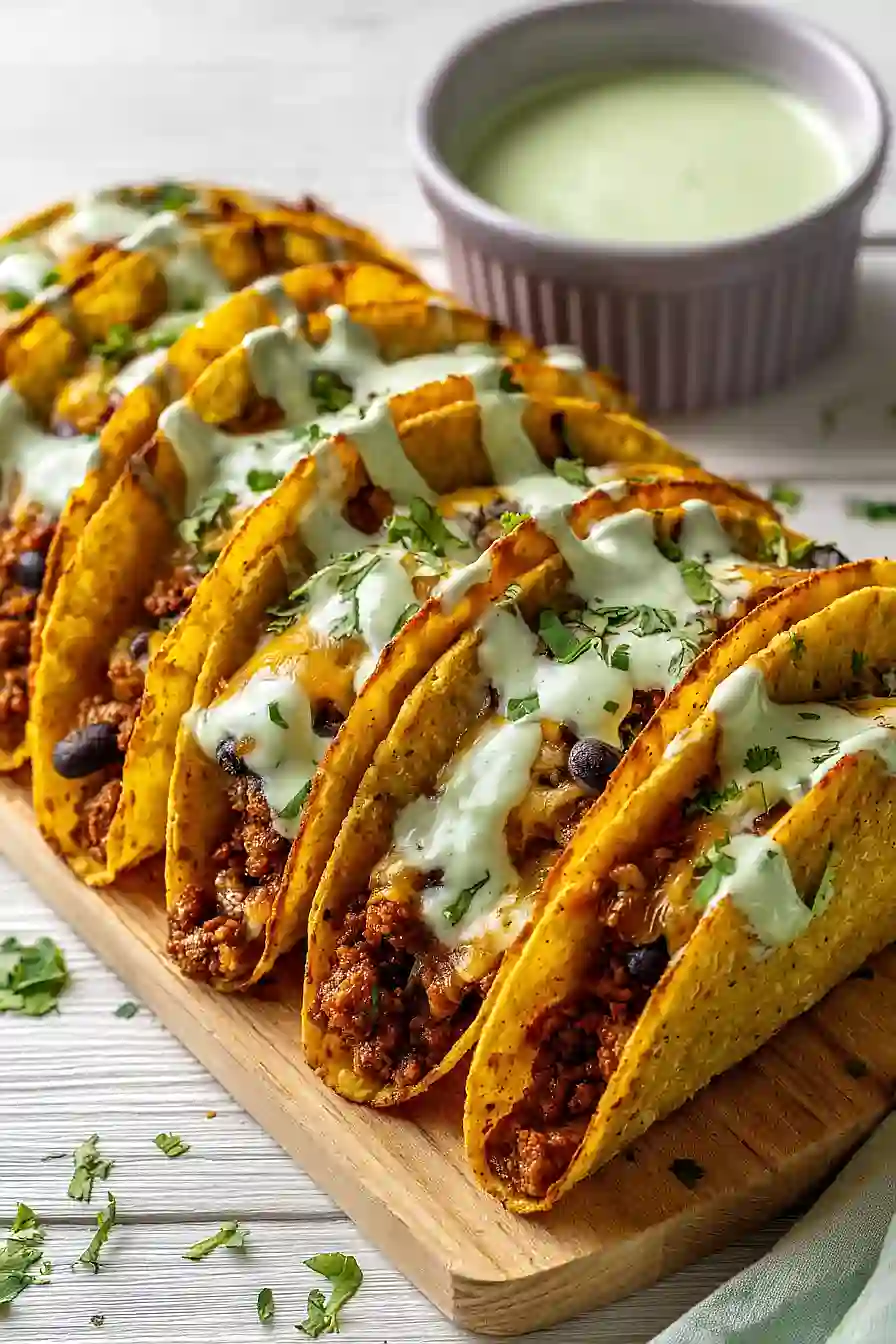 baked ground turkey tacos with avocado sauce