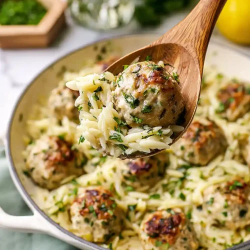 Greek Chicken Meatballs with Lemon Orzo