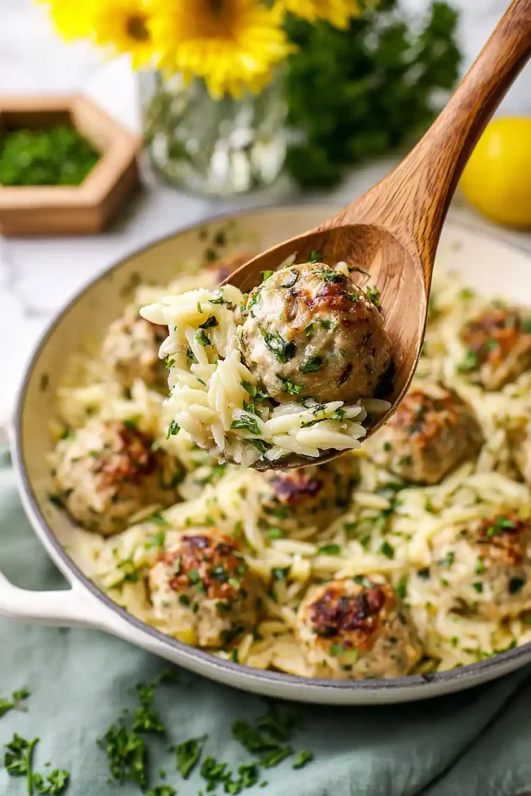 Greek Chicken Meatballs with Lemon Orzo