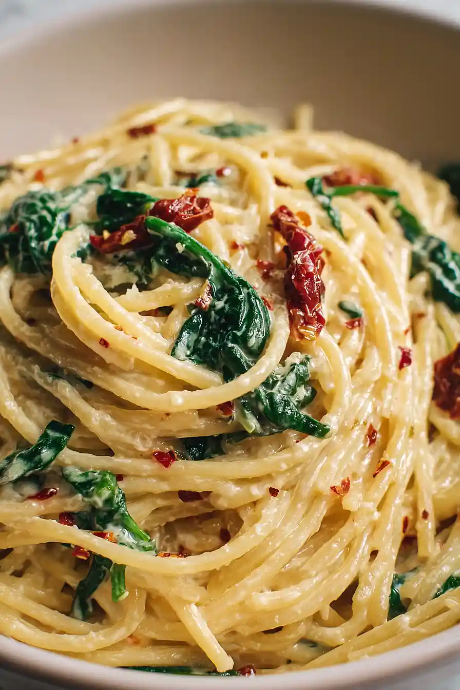 Spaghetti & Spinach with Sun-Dried Tomato Cream Sauce