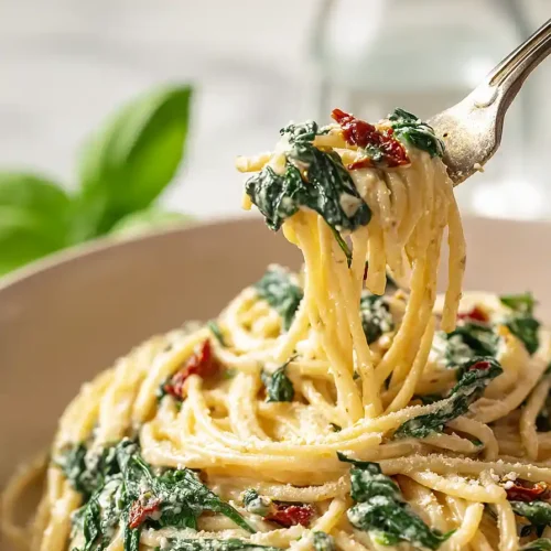 Spaghetti & Spinach with Sun-Dried Tomato Cream Sauce