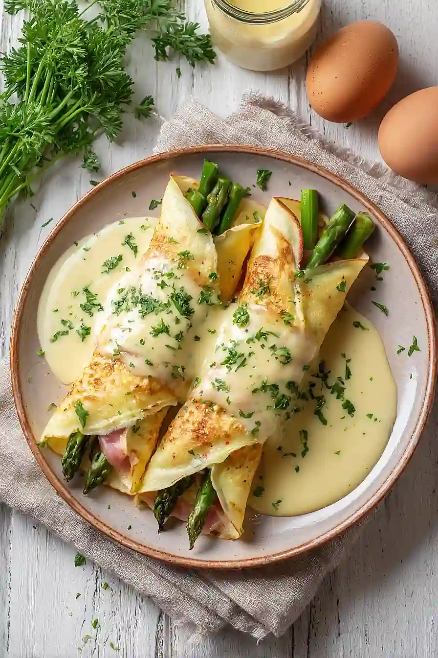asparagus crepes with hollandaise sauce