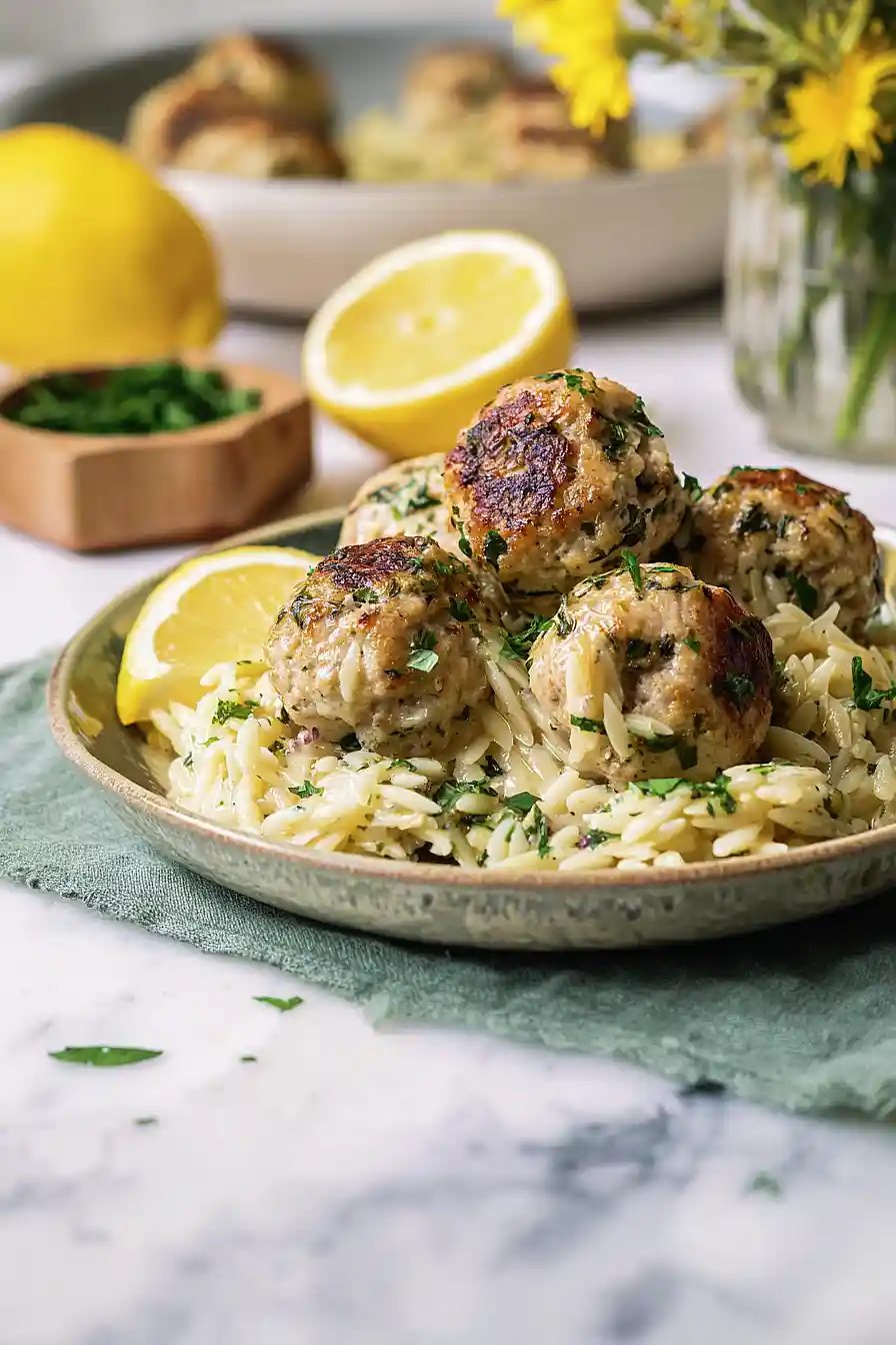 Greek Chicken Meatballs with Lemon Orzo