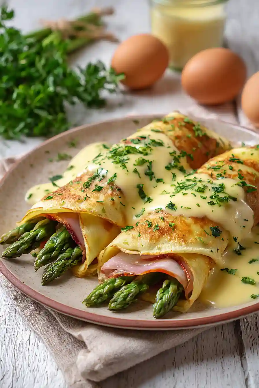 asparagus crepes with hollandaise sauce