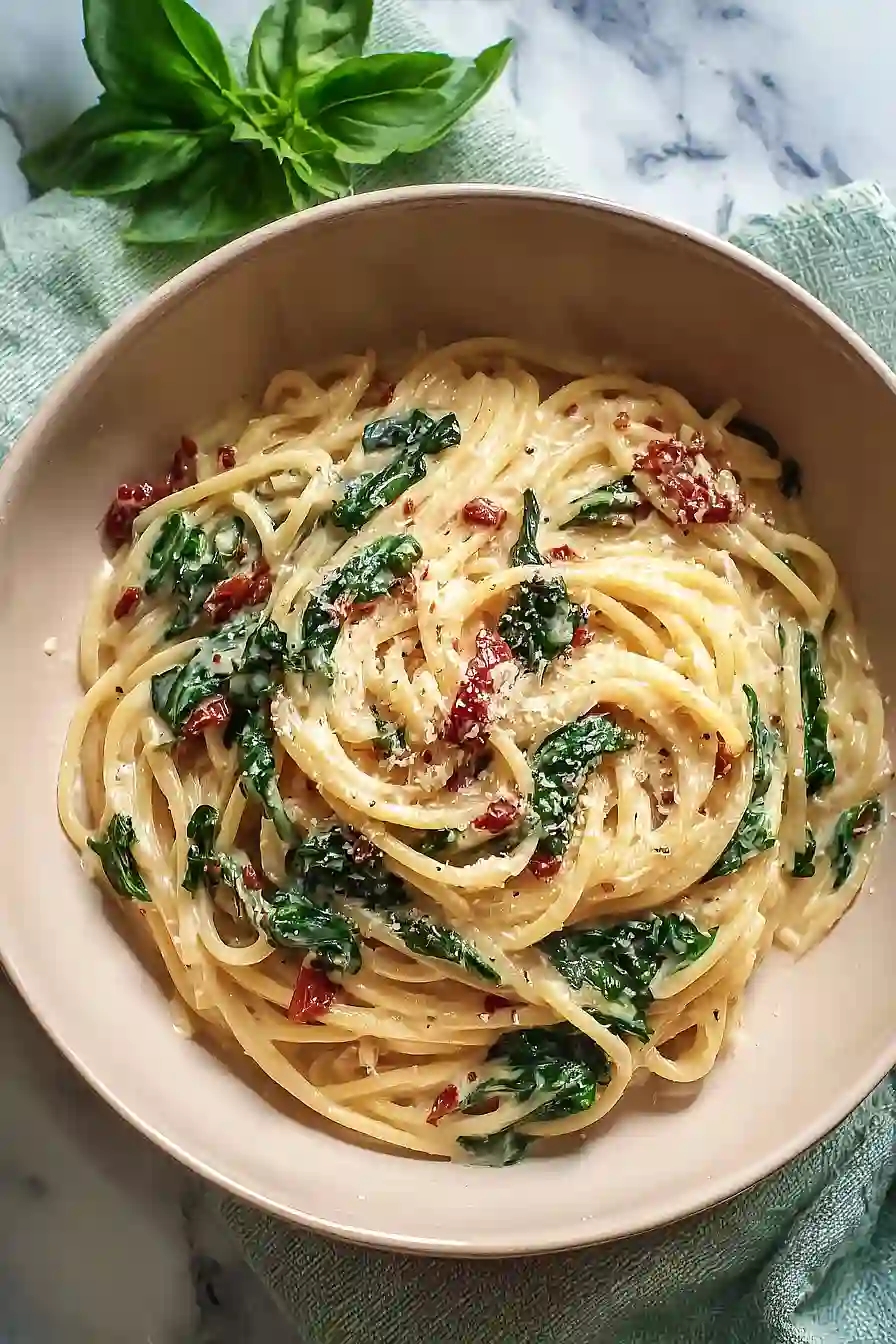 Spaghetti & Spinach with Sun-Dried Tomato Cream Sauce