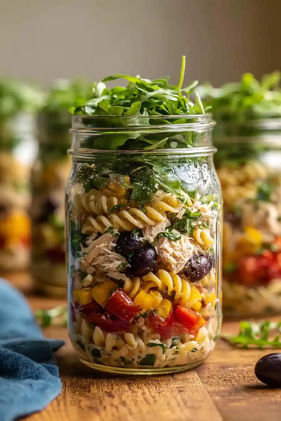 chicken pasta salad in a jar