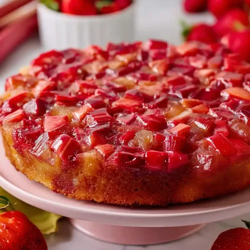 vegan strawberry rhubarb upside down cake