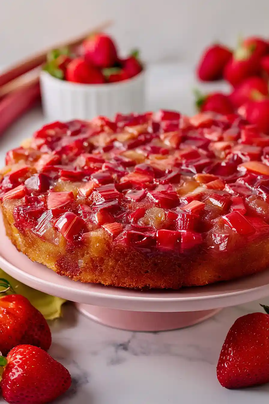vegan strawberry rhubarb upside down cake