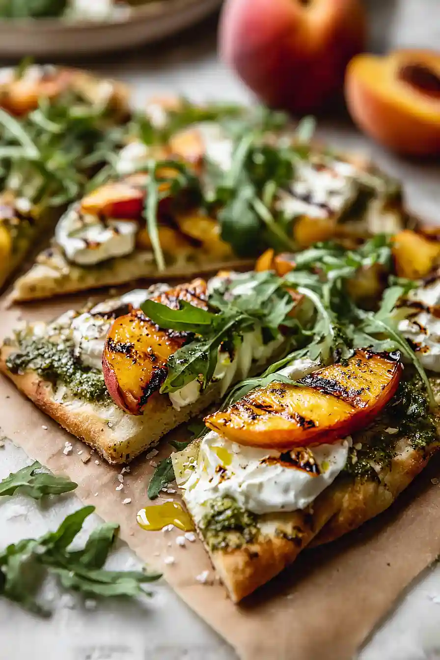 grilled peach and burrata flatbread